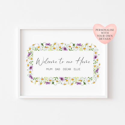 Personalised Family welcome to our home purple daises personalised with names wreath unframed Wall Art