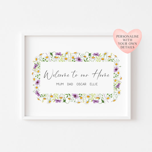 Personalised Family welcome to our home purple daises personalised with names wreath unframed Wall Art