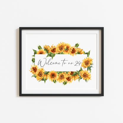 Personalised Welcome to No. green watercolour sunflower home unframed wall art poster print