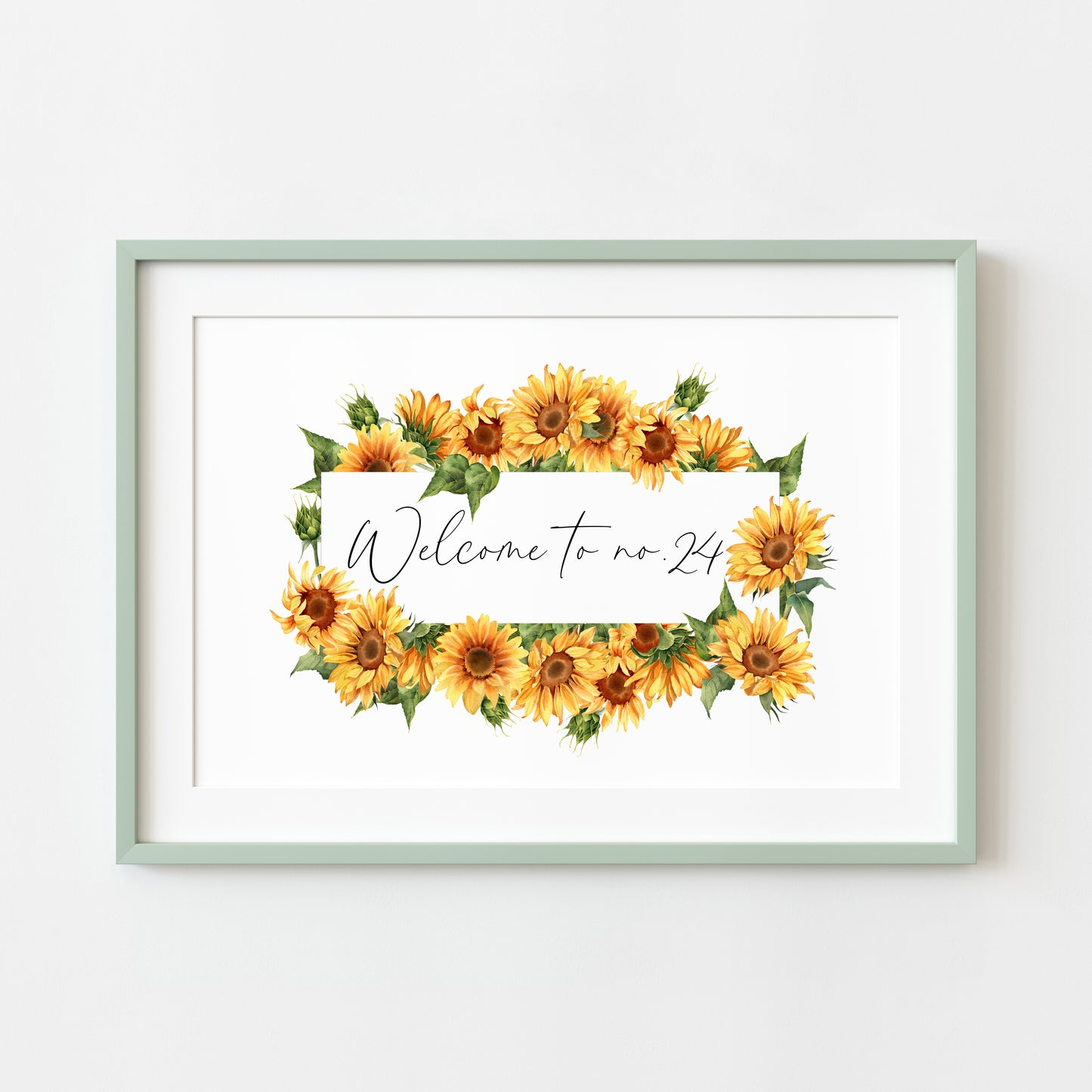 Personalised Welcome to No. green watercolour sunflower home unframed wall art poster print