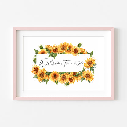 Personalised Welcome to No. green watercolour sunflower home unframed wall art poster print