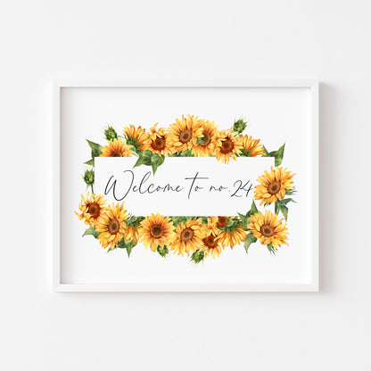 Personalised Welcome to No. green watercolour sunflower home unframed wall art poster print