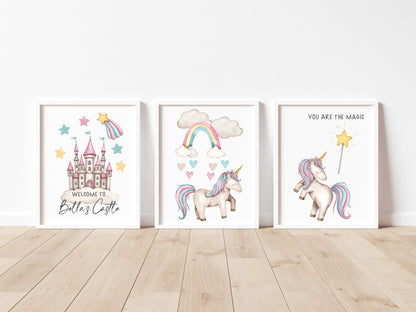 Set of 3 unicorn prints pastel pink purple personalised girls bedroom wall art poster prints hearts stars castle girls nursery bedroom decor