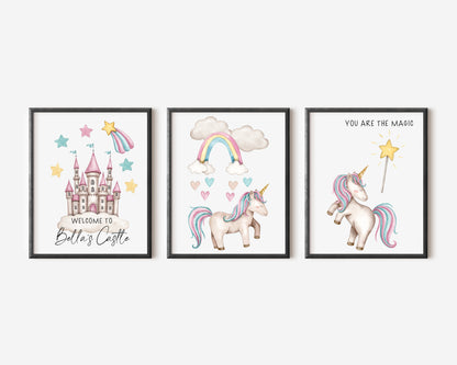 Set of 3 unicorn prints pastel pink purple personalised girls bedroom wall art poster prints hearts stars castle girls nursery bedroom decor