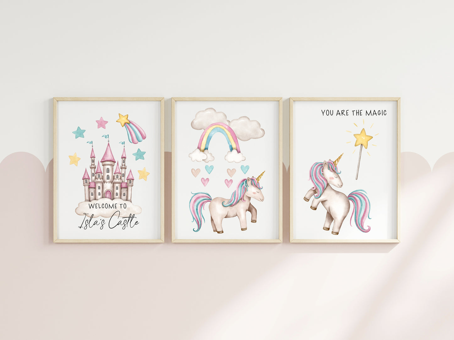 Set of 3 unicorn prints pastel pink purple personalised girls bedroom wall art poster prints hearts stars castle girls nursery bedroom decor