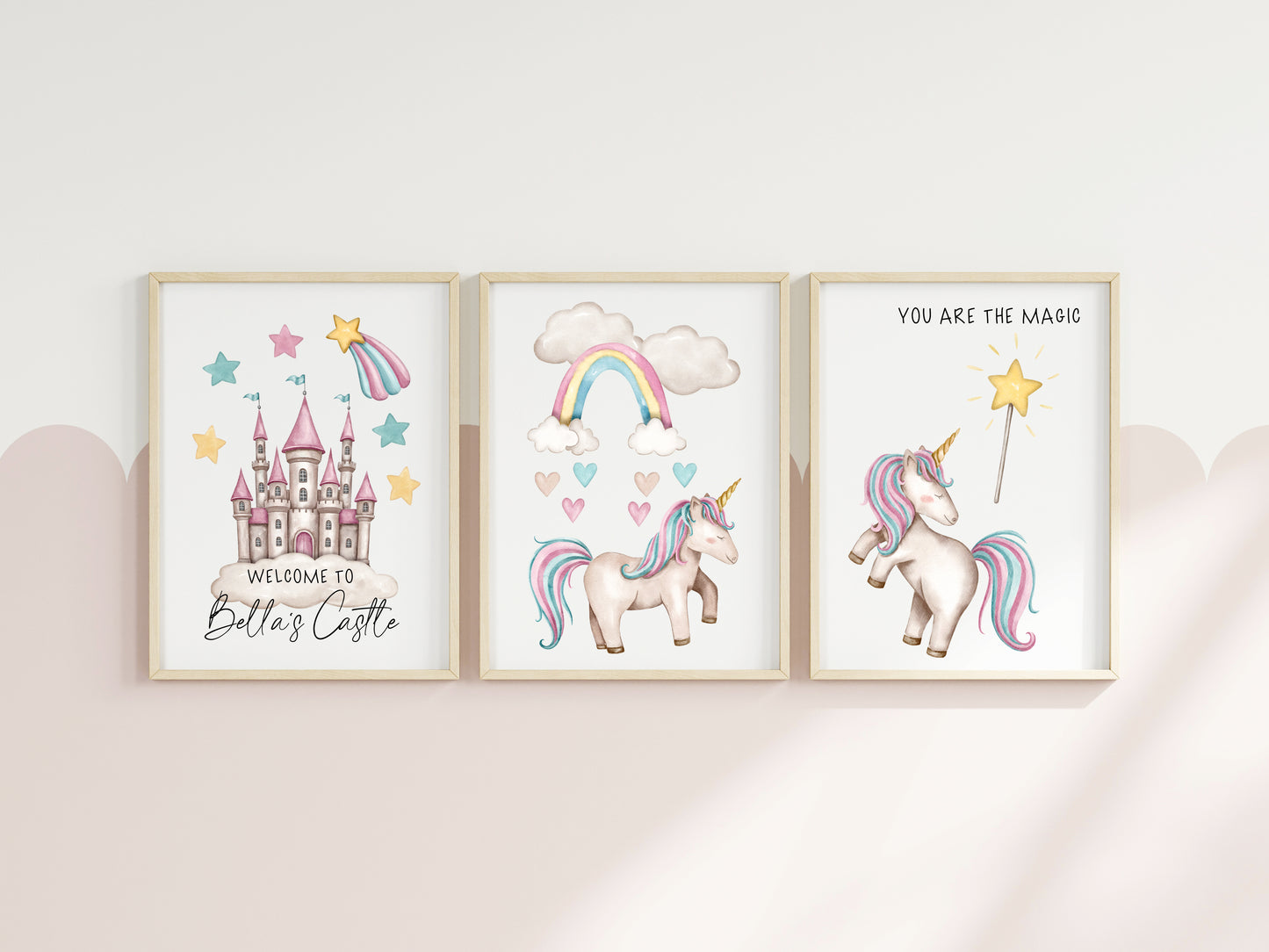 Set of 3 unicorn prints pastel pink purple personalised girls bedroom wall art poster prints hearts stars castle girls nursery bedroom decor