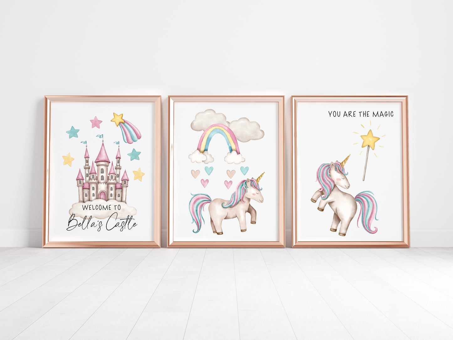 Set of 3 unicorn prints pastel pink purple personalised girls bedroom wall art poster prints hearts stars castle girls nursery bedroom decor
