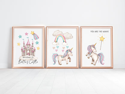 Set of 3 unicorn prints pastel pink purple personalised girls bedroom wall art poster prints hearts stars castle girls nursery bedroom decor
