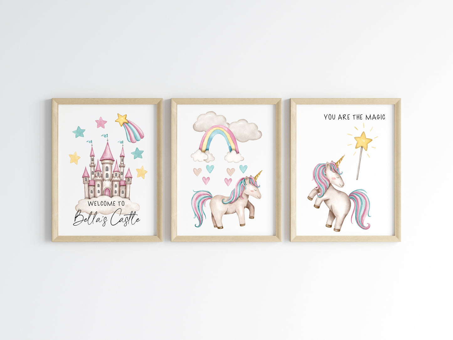 Set of 3 unicorn prints pastel pink purple personalised girls bedroom wall art poster prints hearts stars castle girls nursery bedroom decor