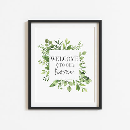 Welcome to our home green square botanical green wreath  unframed print unframed wall art poster print