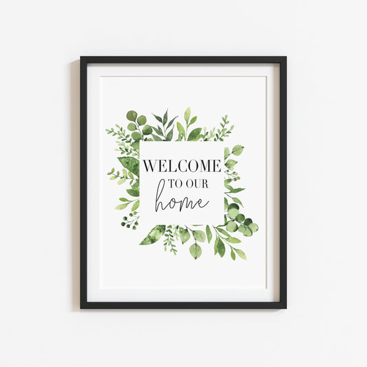 Welcome to our home green square botanical green wreath  unframed print unframed wall art poster print