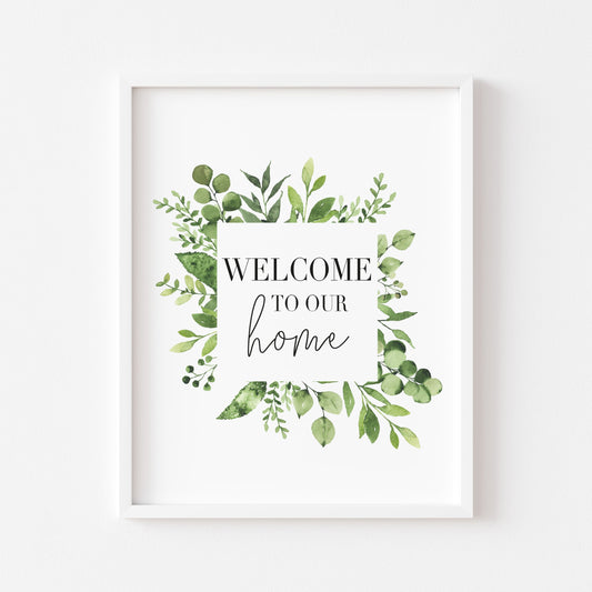 Welcome to our home green square botanical green wreath  unframed print unframed wall art poster print