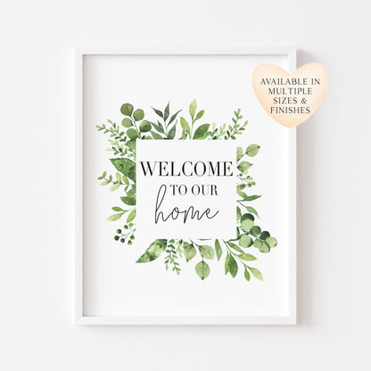 Welcome to our home green square botanical green wreath  unframed print unframed wall art poster print