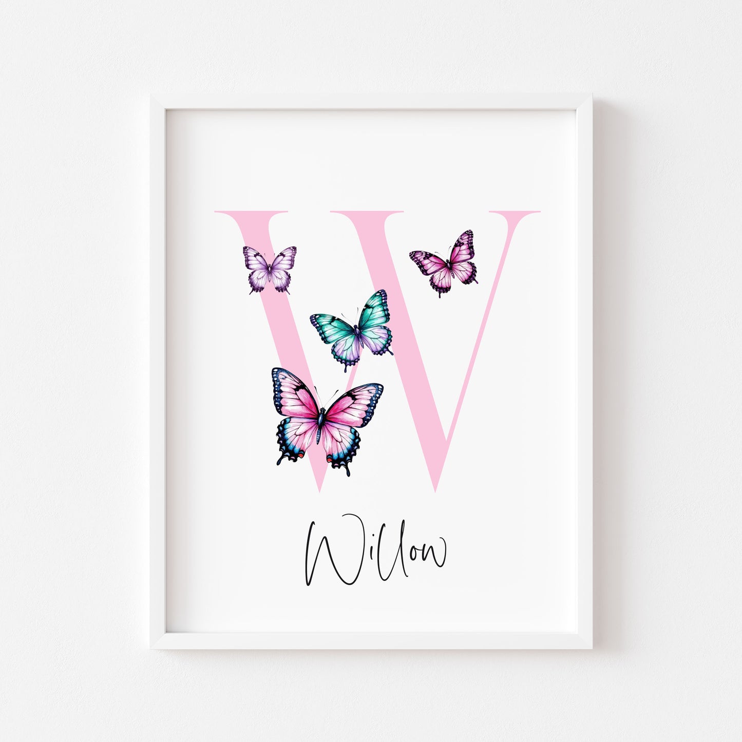 Pink Butterfly Initial Print Personalised Nursery wall art Decor (Unframed)