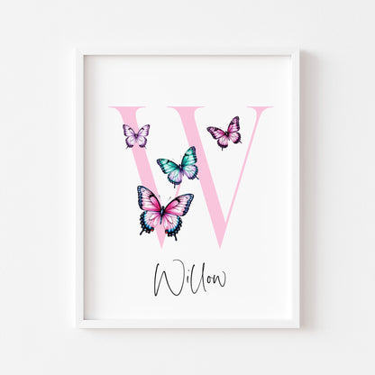 Pink Butterfly Initial Print Personalised Nursery wall art Decor (Unframed)
