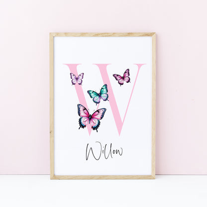 Pink Butterfly Initial Print Personalised Nursery wall art Decor (Unframed)