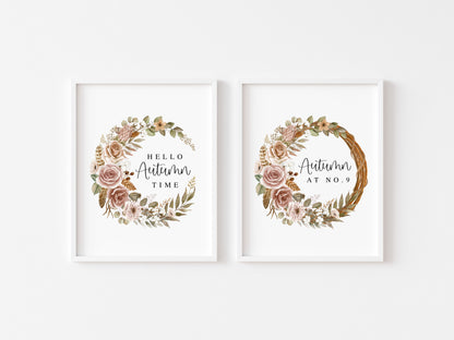 Autumn prints, set of 2 fall wreath personalised Seasonal unframed wall art posters