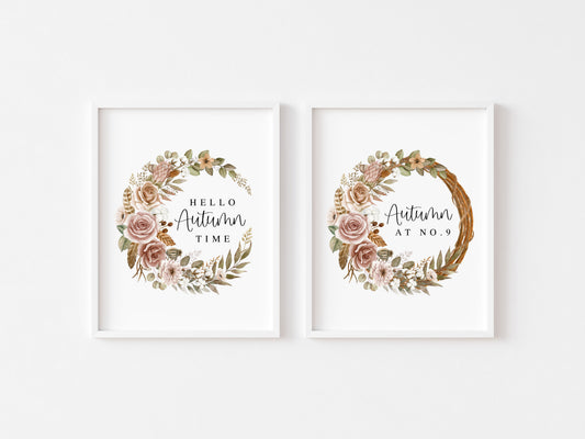 Autumn prints, set of 2 fall wreath personalised Seasonal unframed wall art posters