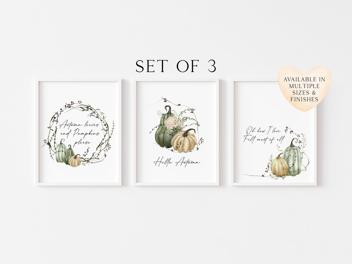 Set of 3 Autumn prints, green cream watercolour pumpkin seasonal unframed wall art poster prints