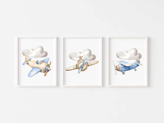 Air transport print set, aviation aeroplane blue beige boys transport wall art (unframed)
