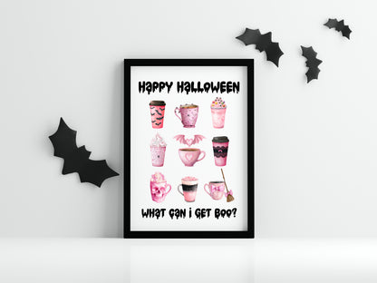 Halloween print, Happy Halloween, what can I get BOO? Cute pink halloween drinks sign unframed wall art poster print, halloween spooky sign