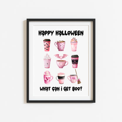 Halloween print, Happy Halloween, what can I get BOO? Cute pink halloween drinks sign unframed wall art poster print, halloween spooky sign