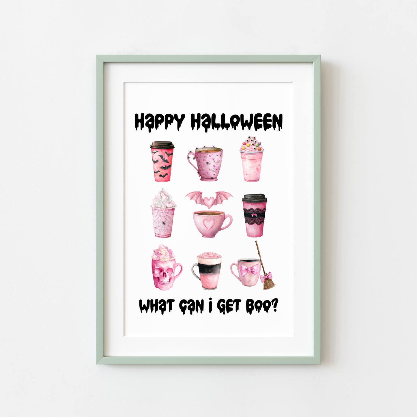 Halloween print, Happy Halloween, what can I get BOO? Cute pink halloween drinks sign unframed wall art poster print, halloween spooky sign