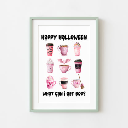 Halloween print, Happy Halloween, what can I get BOO? Cute pink halloween drinks sign unframed wall art poster print, halloween spooky sign