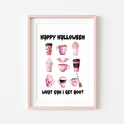 Halloween print, Happy Halloween, what can I get BOO? Cute pink halloween drinks sign unframed wall art poster print, halloween spooky sign