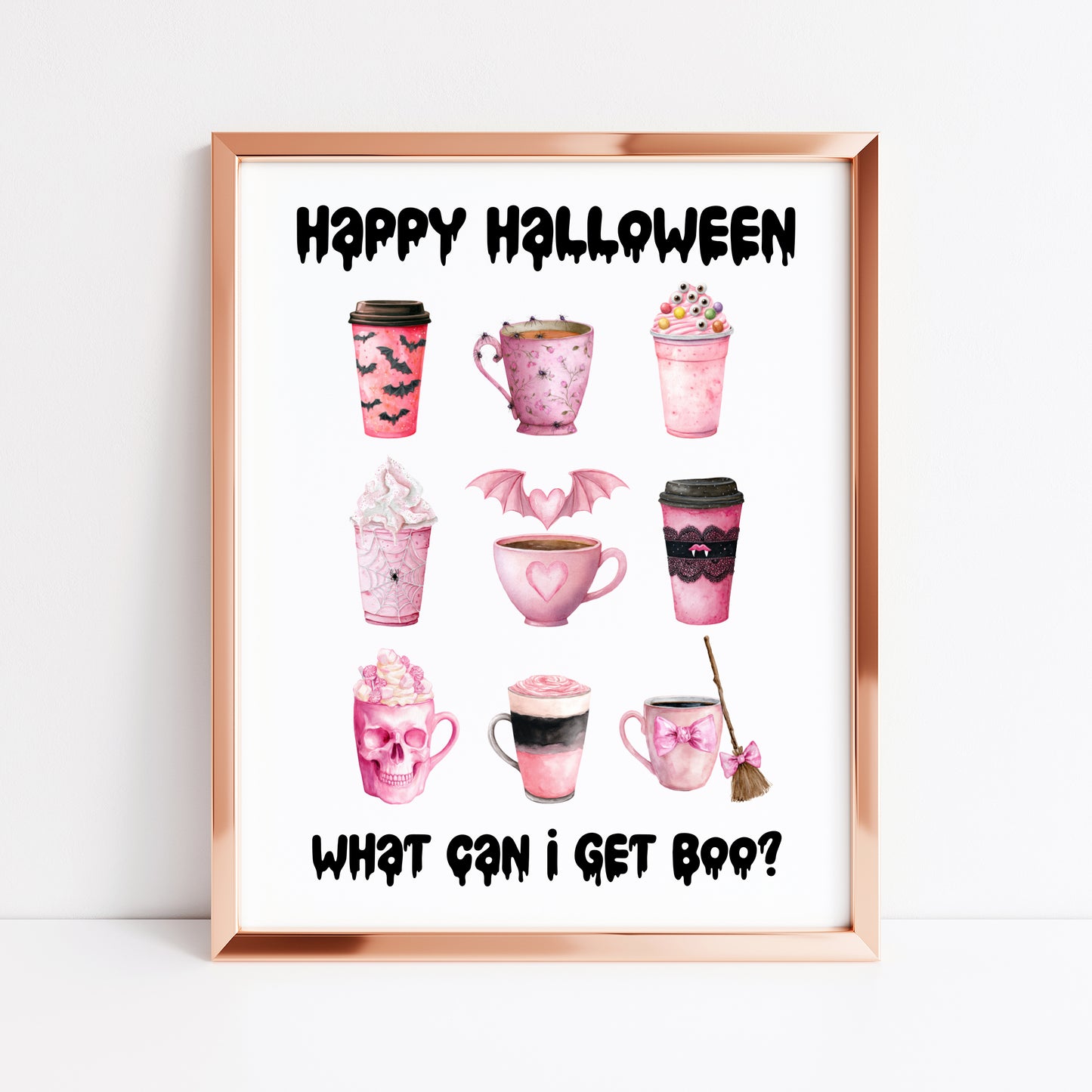 Halloween print, Happy Halloween, what can I get BOO? Cute pink halloween drinks sign unframed wall art poster print, halloween spooky sign