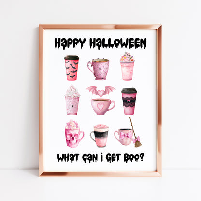 Halloween print, Happy Halloween, what can I get BOO? Cute pink halloween drinks sign unframed wall art poster print, halloween spooky sign