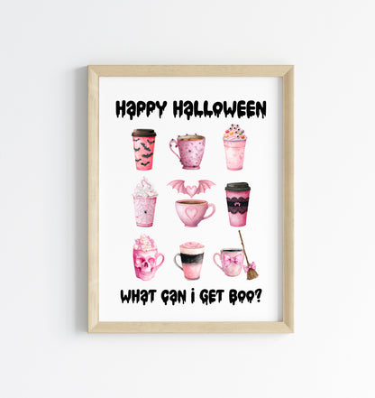 Halloween print, Happy Halloween, what can I get BOO? Cute pink halloween drinks sign unframed wall art poster print, halloween spooky sign