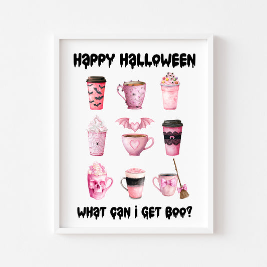 Halloween print, Happy Halloween, what can I get BOO? Cute pink halloween drinks sign unframed wall art poster print, halloween spooky sign