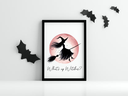 What's up witches? Halloween print pink red witch watercolour celestial halloween unframed wall art poster print, halloween witch print