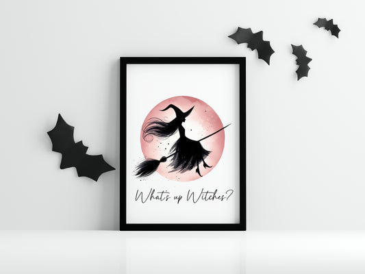 What's up witches? Halloween print pink red witch watercolour celestial halloween unframed wall art poster print, halloween witch print