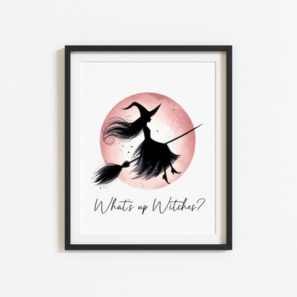 What's up witches? Halloween print pink red witch watercolour celestial halloween unframed wall art poster print, halloween witch print
