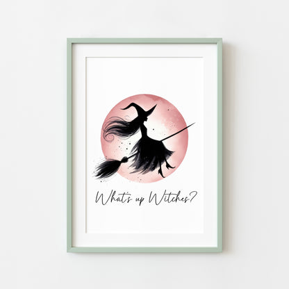 What's up witches? Halloween print pink red witch watercolour celestial halloween unframed wall art poster print, halloween witch print