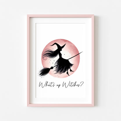 What's up witches? Halloween print pink red witch watercolour celestial halloween unframed wall art poster print, halloween witch print