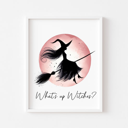 What's up witches? Halloween print pink red witch watercolour celestial halloween unframed wall art poster print, halloween witch print