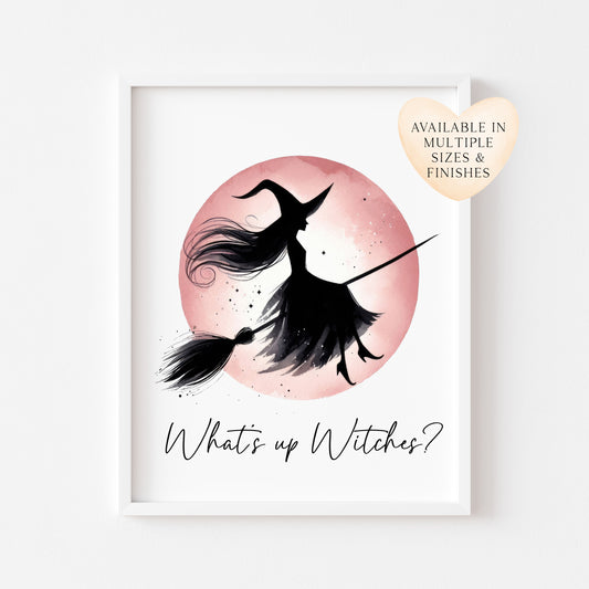 What's up witches? Halloween print pink red witch watercolour celestial halloween unframed wall art poster print, halloween witch print