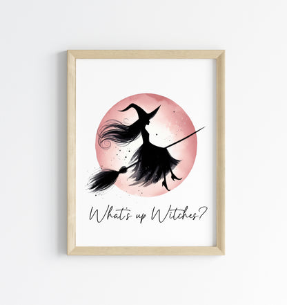What's up witches? Halloween print pink red witch watercolour celestial halloween unframed wall art poster print, halloween witch print