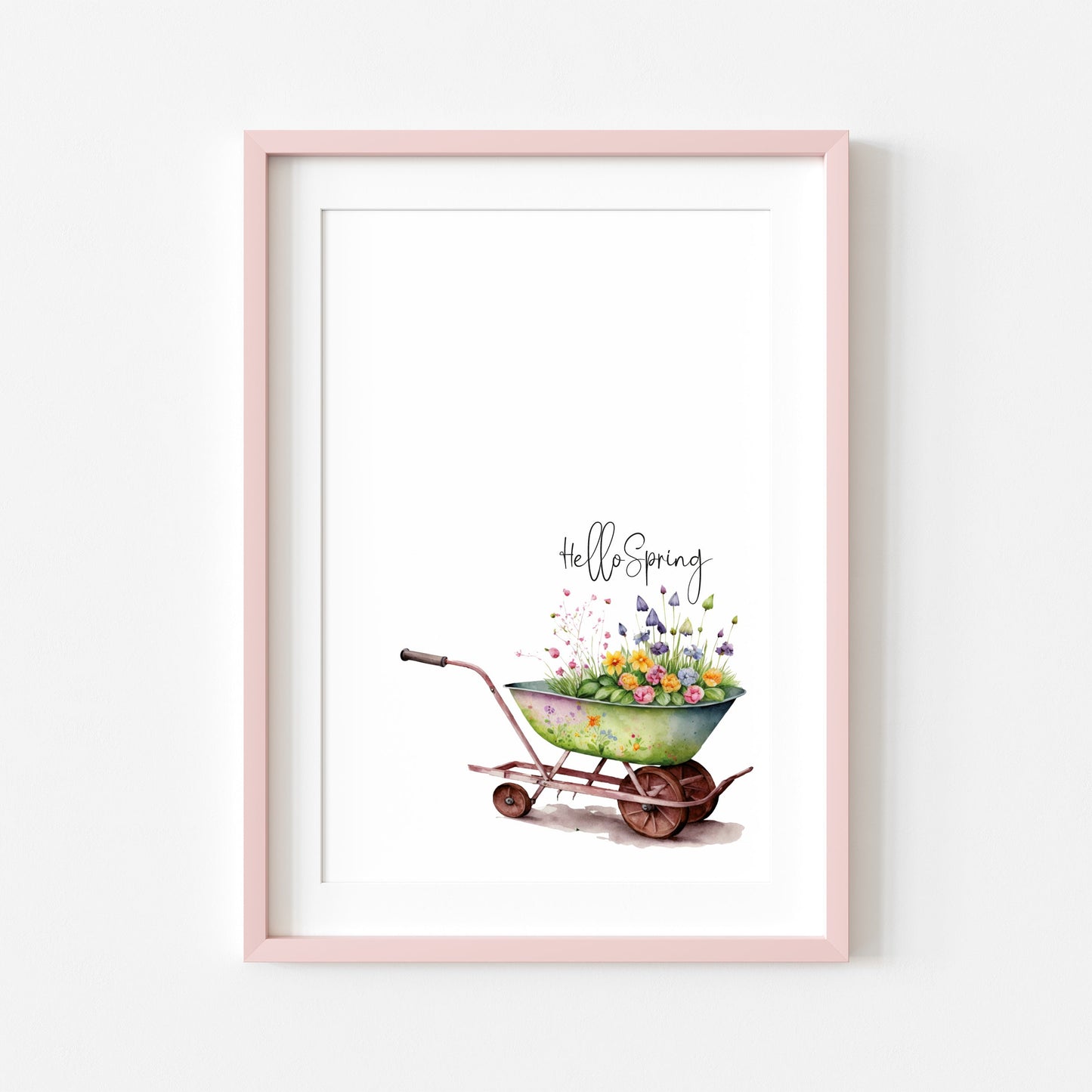 Hello Spring, spring time floral wheelbarow illustration seasonal unframed wall art poster print