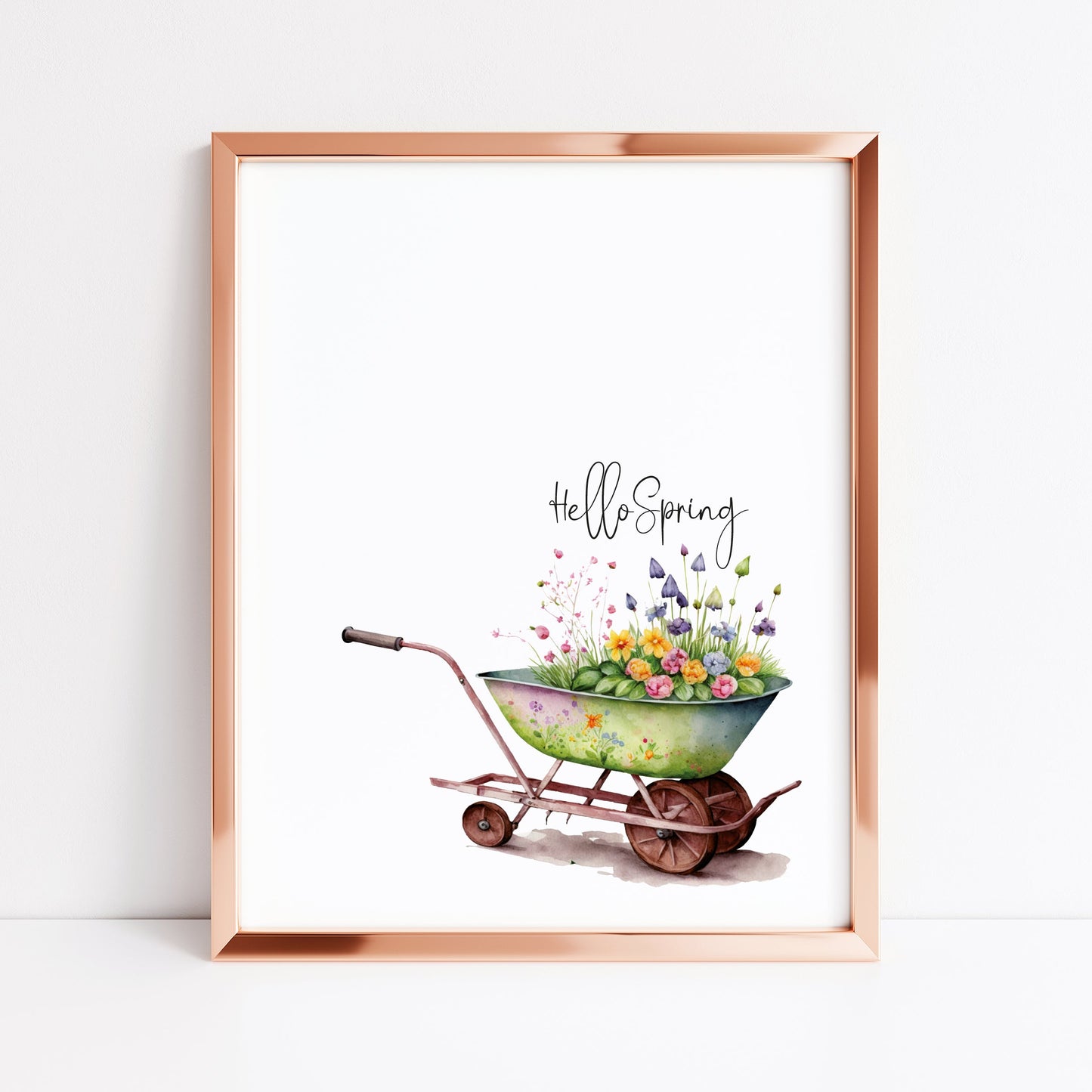 Hello Spring, spring time floral wheelbarow illustration seasonal unframed wall art poster print