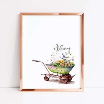 Hello Spring, spring time floral wheelbarow illustration seasonal unframed wall art poster print