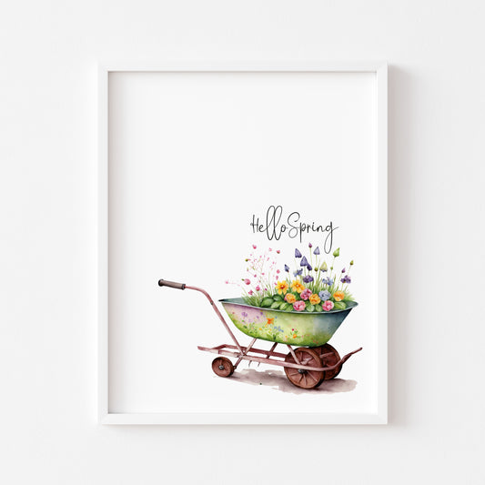 Hello Spring, spring time floral wheelbarow illustration seasonal unframed wall art poster print