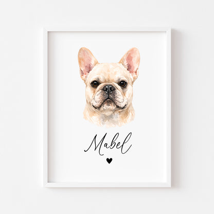 Personalised French Bulldog  Print Custom Frenchie Name Pet portrait - 8 colours, unframed wall art