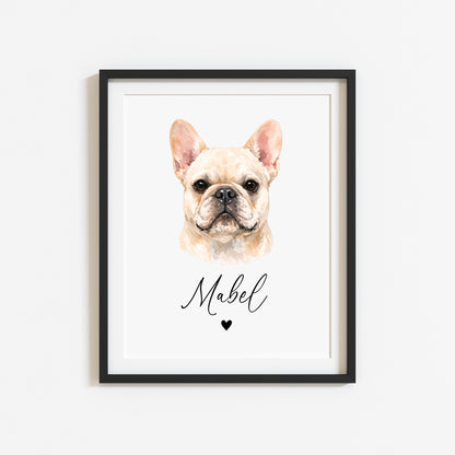 Personalised French Bulldog  Print Custom Frenchie Name Pet portrait - 8 colours, unframed wall art