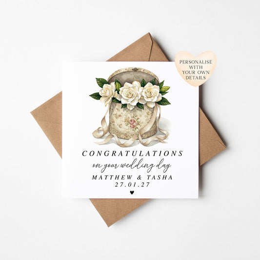 Congratulations Card, on your wedding day box of white Roses with Kraft Envelope