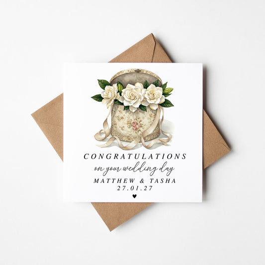 Congratulations Card, on your wedding day box of white Roses with Kraft Envelope
