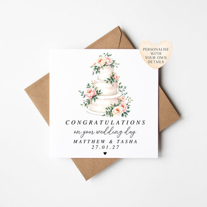 Wedding Card, congratulations pink white floral cake card with Kraft Envelope